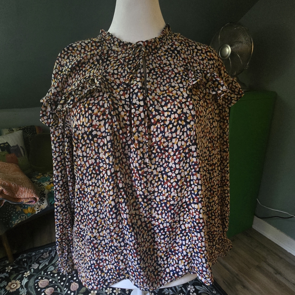 Counterparts Navy Multi-Dot Ruffle Tie-Neck Blouse